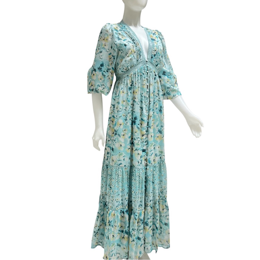 Tiered Maxi Shirt Dress Prairie Cottage Core Blue Floral Romantic Boho Nwt Sz L